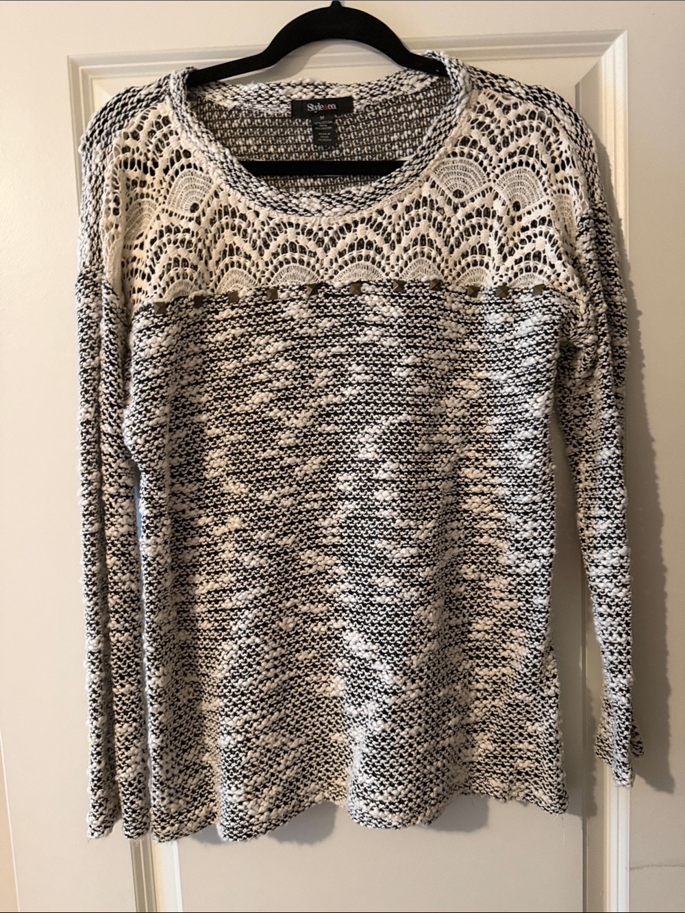 Style & Co. Black and White Marled Knit Sweater with Lace Yoke